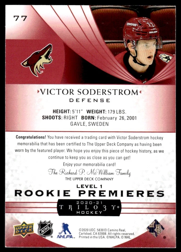 2020-21 Upper Deck Trilogy JERSEY Victor Soderstrom /999 Arizona Coyotes #77 - Image 2 of 2