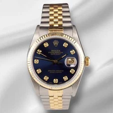 Rolex Datejust 36mm 18k YG 2-Tone Fluted Dark Blue Diamond Dial Watch 16013