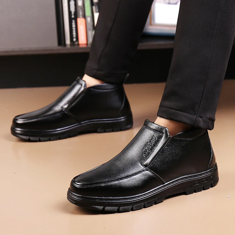 Men s Autumn and Winter High Top Faux Leather Warm Loafers Plush Work Shoes