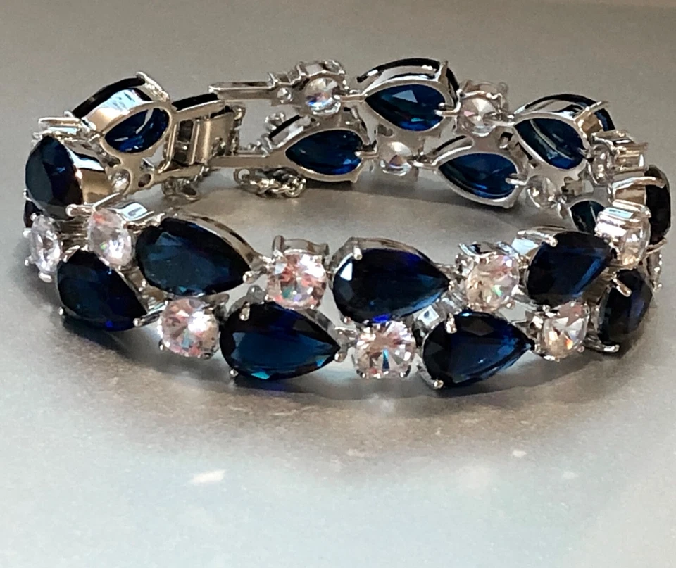 18k White Gold Filled Lab Blue Sapphire & Simulated Diamond Tennis Bracelet Gift - Image 2 of 4