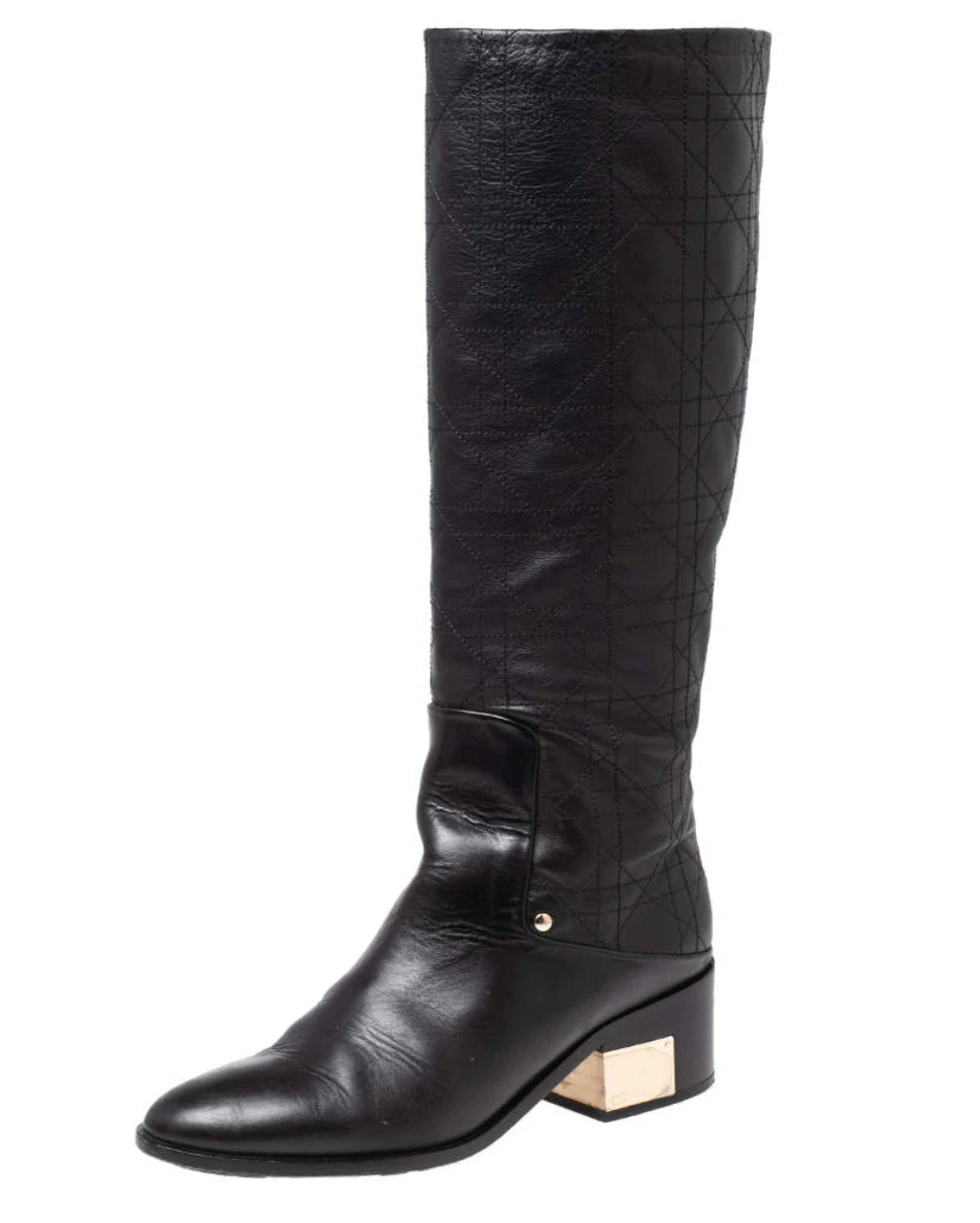 Bottes d'équitation Christian Dior Cannage authentiques noires avec talon plaque dorée 38