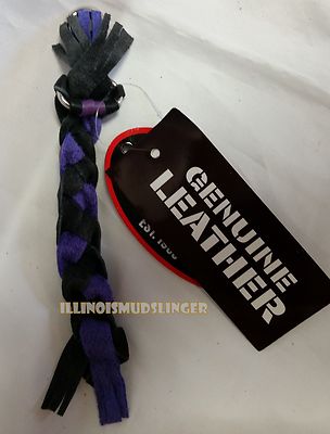 Leather Key Chain Whip for Motorcycle Black & Purple Braided Chrome Plated Clasp