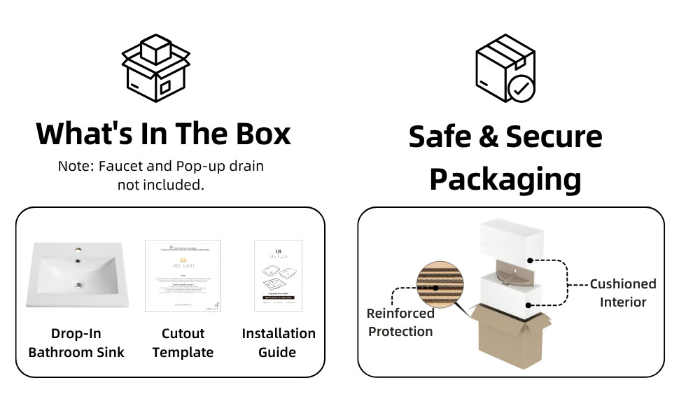 20"x18" White Drop-In Bathroom Sink Ceramic Rectangular with Single Faucet Hole