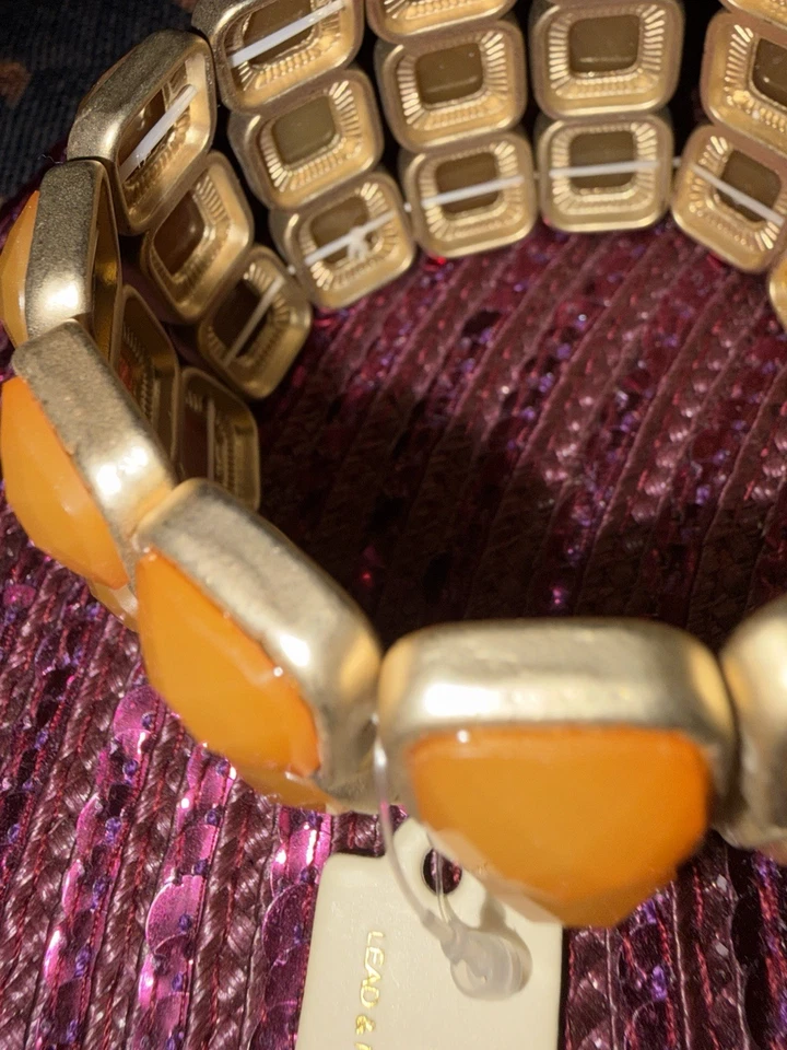 BRAZALETE CORAL NARANJA NUEVO CON ETIQUETAS Elastizado PULSERA DORADO Tono Sin Níquel Foto 4 de 4