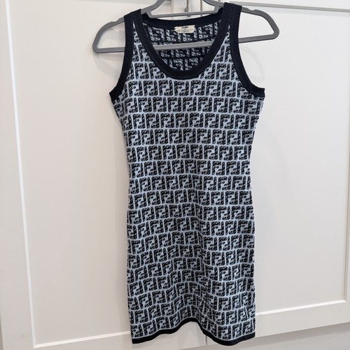 Fendi, Fendi FF Logo Knit Mini Dress Blue Black Sleeveless Bodycon IT 38 / fits XS-S