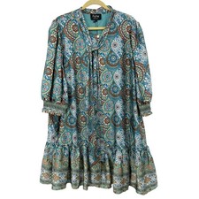 Nwt’s Fate Dress 2X Ruffle Hem Paisley Geometric Satin Tie Front Boho Dress