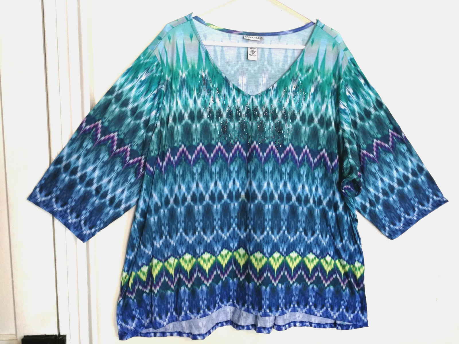 Catherines Womens Blouse 4X Plus 30/32W Blue V-Neck Rhinestones Tunic 3/4 Sleeve