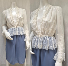 Vintage 1970's Blue & White Dress with Sheer Floral Peplum Jacket - Size M