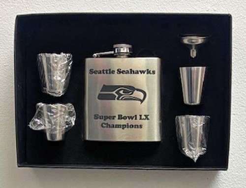 SEATTLE SEAHAWKS SUPER BOWL LX CHAMPIONS FIASCHETTA 6 OZ CON SCATOLA DI PRESENTAZIONE OPT - Foto 7 di 11