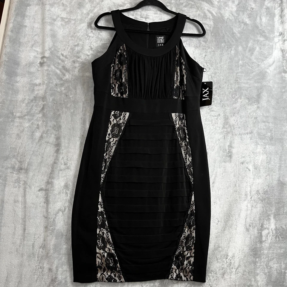 Vestido Jax Negro Encaje Panel Corte Escote Elástico Manga Gorra Funda Talla 14 Foto 3 de 4