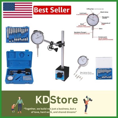 0-1'' Magnetic Dial Indicator with Fine Adjustment & Base, 0.001'' Resolution