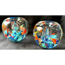 2 Murano Style Art Glass Aquarium Ocean Candle Holders Paperweight