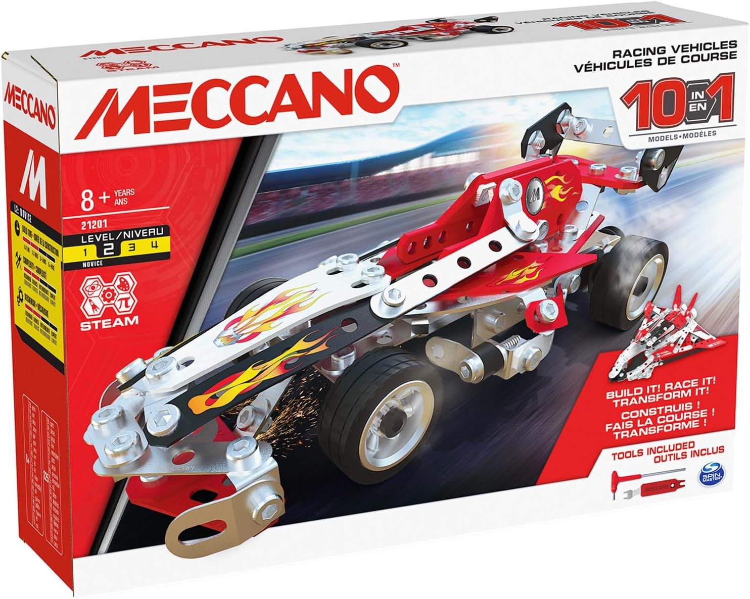 Meccano 10-in-1 Veicoli da Corsa: Costruisci 10 Modelli con 225 Pezzi