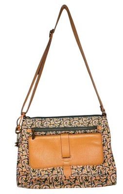 Fossil Kinley Crossbody Bag Purse Brown Leather Fabric Multi Palm Medium Sized