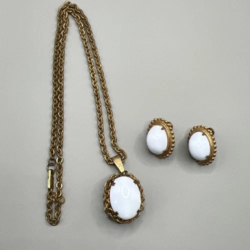 Miriam Haskell Vintage Gold Tone White Glass Jewelry Set Necklace Earrings