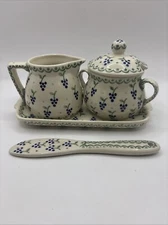 Polish Pottery Cream, Sugar, Tray And Butter Knife EUC!!! FAST SHIPPING!!!