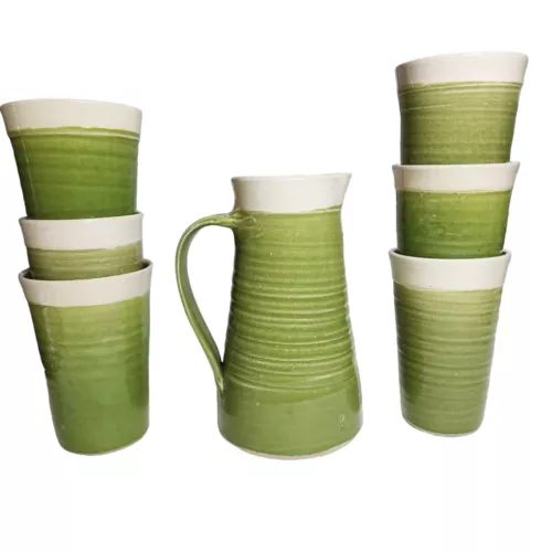 Signed Studio Art Pottery Drink Pitcher Tumbler Set Unique Art Display Piece