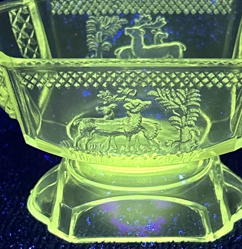 Antique Manganese Glass Dessert Footed Bowls Deer & Pine Tree MCKEE 1886 EAPG