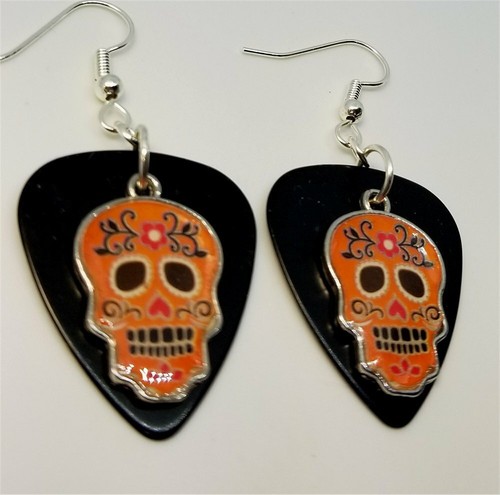 Orange Sugar Skull Charm Guitar Pick Earrings - Pick Your Color - Picture 3 of 6