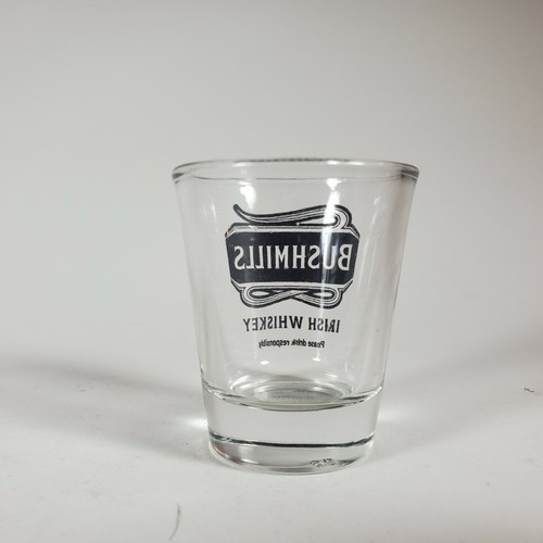 BUSHMILLS IRISH WHISKEY SHOT GLASSES NEW SET of 2 CLEAR w/BLACK
