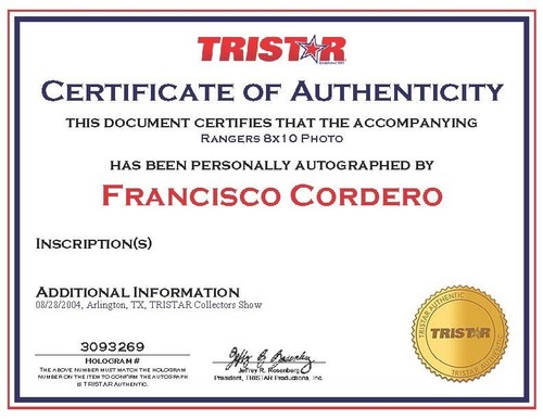 Francisco Cordero Autograph 8x10 - Authenticated - Texas Rangers - Tristar COA - Picture 2 of 2
