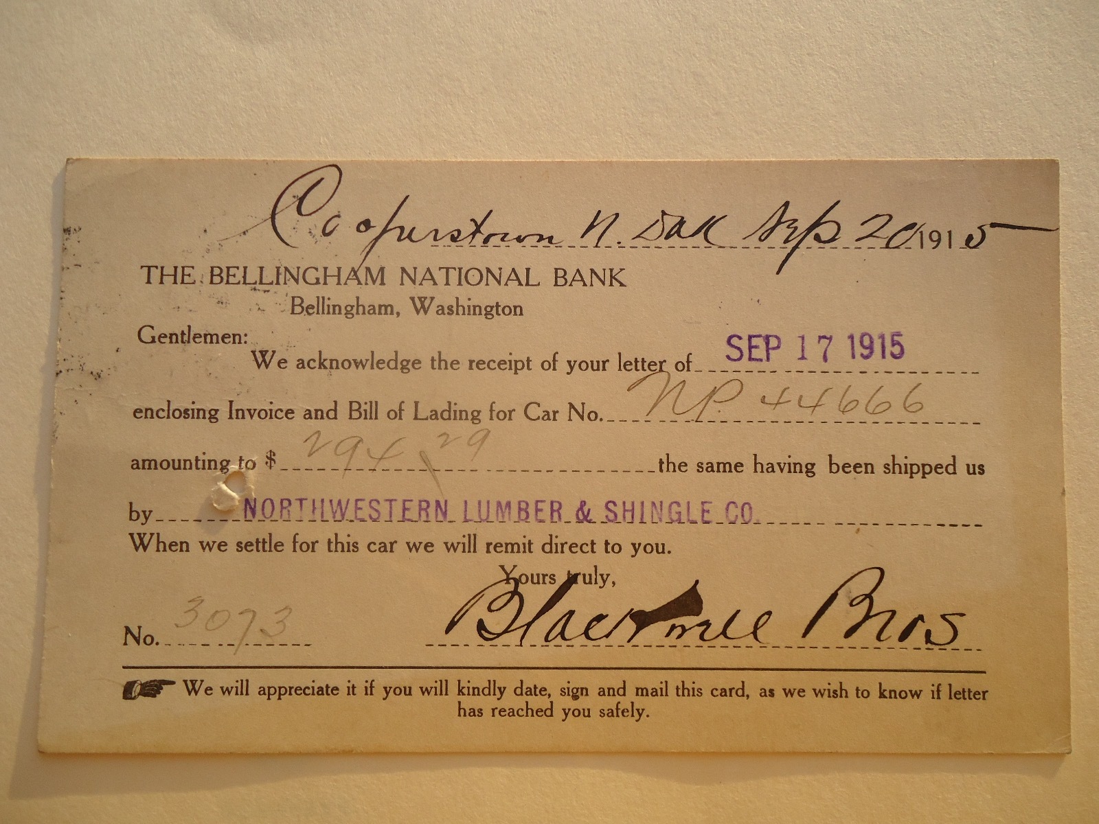 1915 Postcard Postmarked Cooperstown North Dakota to Bellingham Nat'l