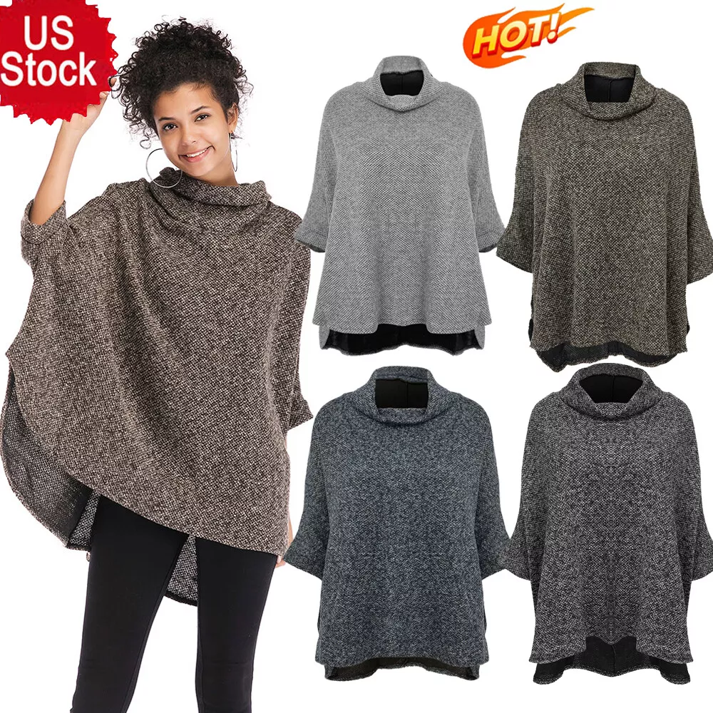 Women Pullover Sweater Cardigan Poncho Batwing Shawl Cape Long Sleeve Cloak US