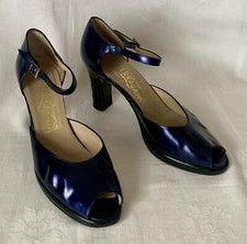 Ferragamo Vintage 90s LIZ Peep Toe Navy/Black Leather Ankle Strap Pump US Sz 6.5