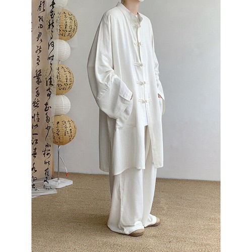 Hombres Abrigo Largo de Verano Hanfu Vestido Taoísta Bata Lino Ropa Traje Suelto Prendas para el torso + Pantalones - Imagen 13 de 18