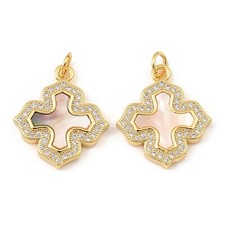 5 pcs Brass Cross Cubic Zirconia with Shell Pendants Jewelry Making 20.5x18x3mm