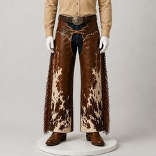 Brown Cowhide Leather Flare Pants Western Rodeo Cowboy Bell Bottom Trousers