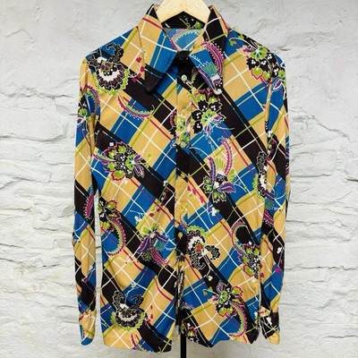 Vtg 70s Disco Shirt Stretch Knit Polyester Dagger Collar Crazy Floral Pattern