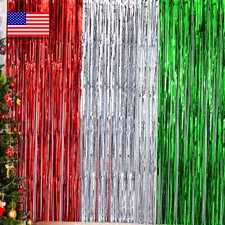 Christmas Foil Fringe Curtain -3 Pack of 3.2X8.2Ft Red Silver Green Tinsel Fring
