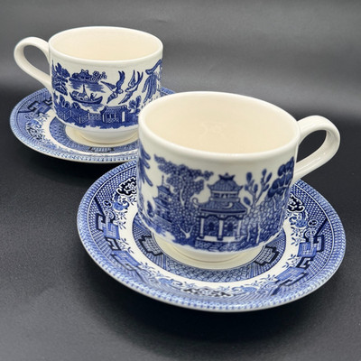 Vintage Churchill England Blue Willow 2 Teacup & Saucer Sets Blue White Crazed