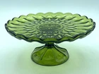 Vtg Avocado Green glass pedestal cake plate Anchor Hocking Fairfield  10” 70's