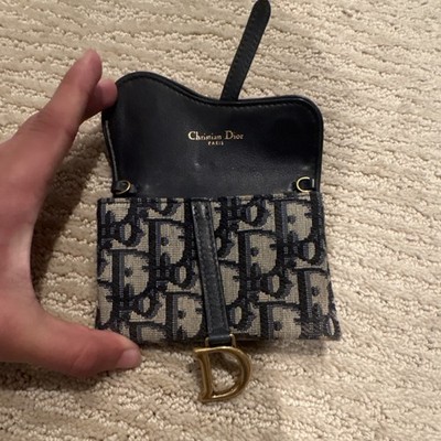 Christian Dior Logo Folding Wallet with Metal D Charm Black Beige