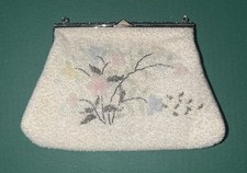 Vintage Seed Beaded Purse Bag with Mini Mirror, Floral Pattern White Size Small