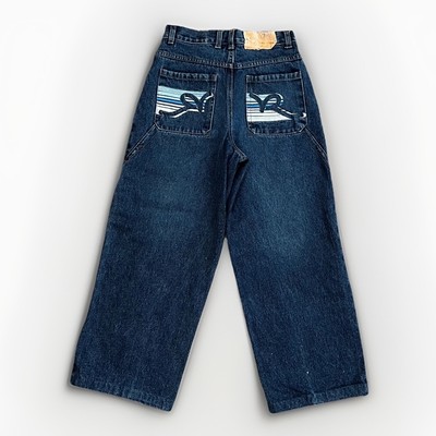 Y2K Roca Wear Boys Blue Denim Jeans Big Embroidery Skater Baggy Oversized Sz 10