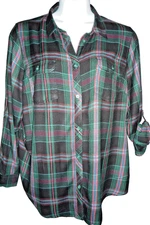 Boutique Plus Shirt Womens Plaid Button Up Rayon Roll Tab Long Sleeve 2X