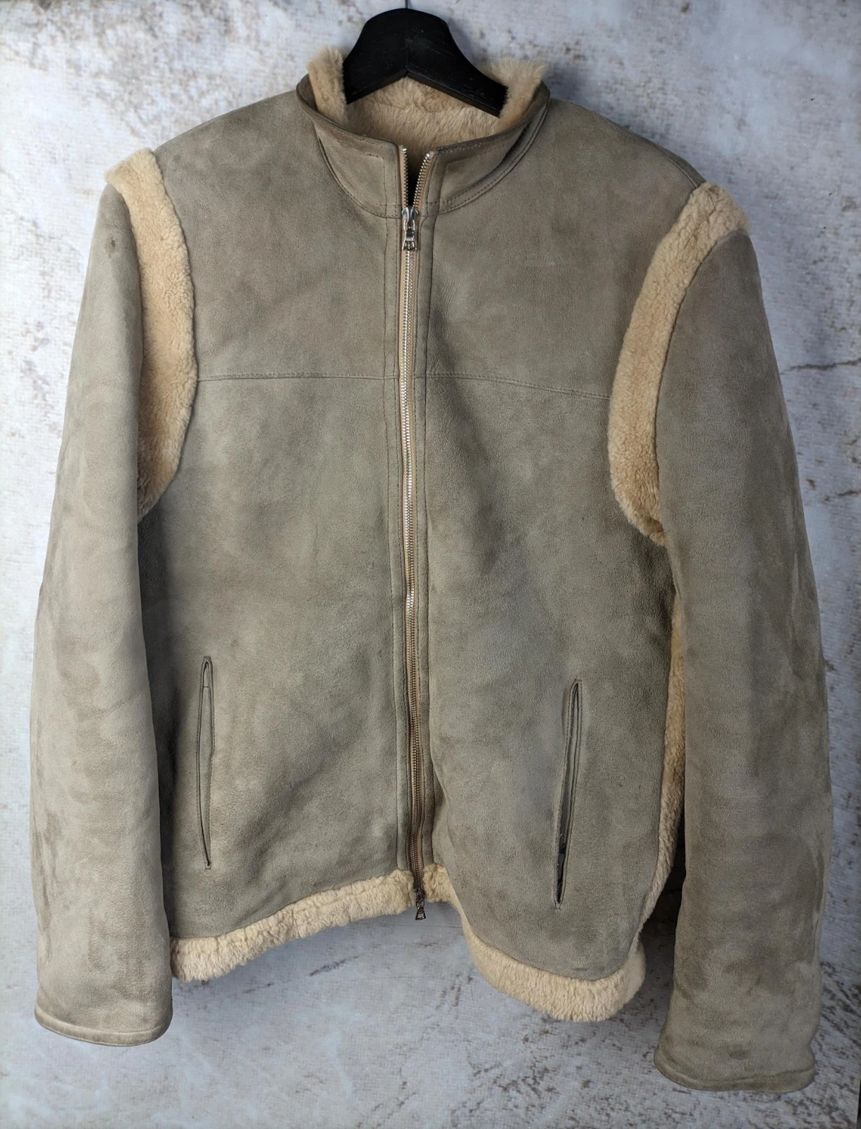 Men’s Shearling Leather Jacket Brown Beige Winter Warm Coat Size S Vintage