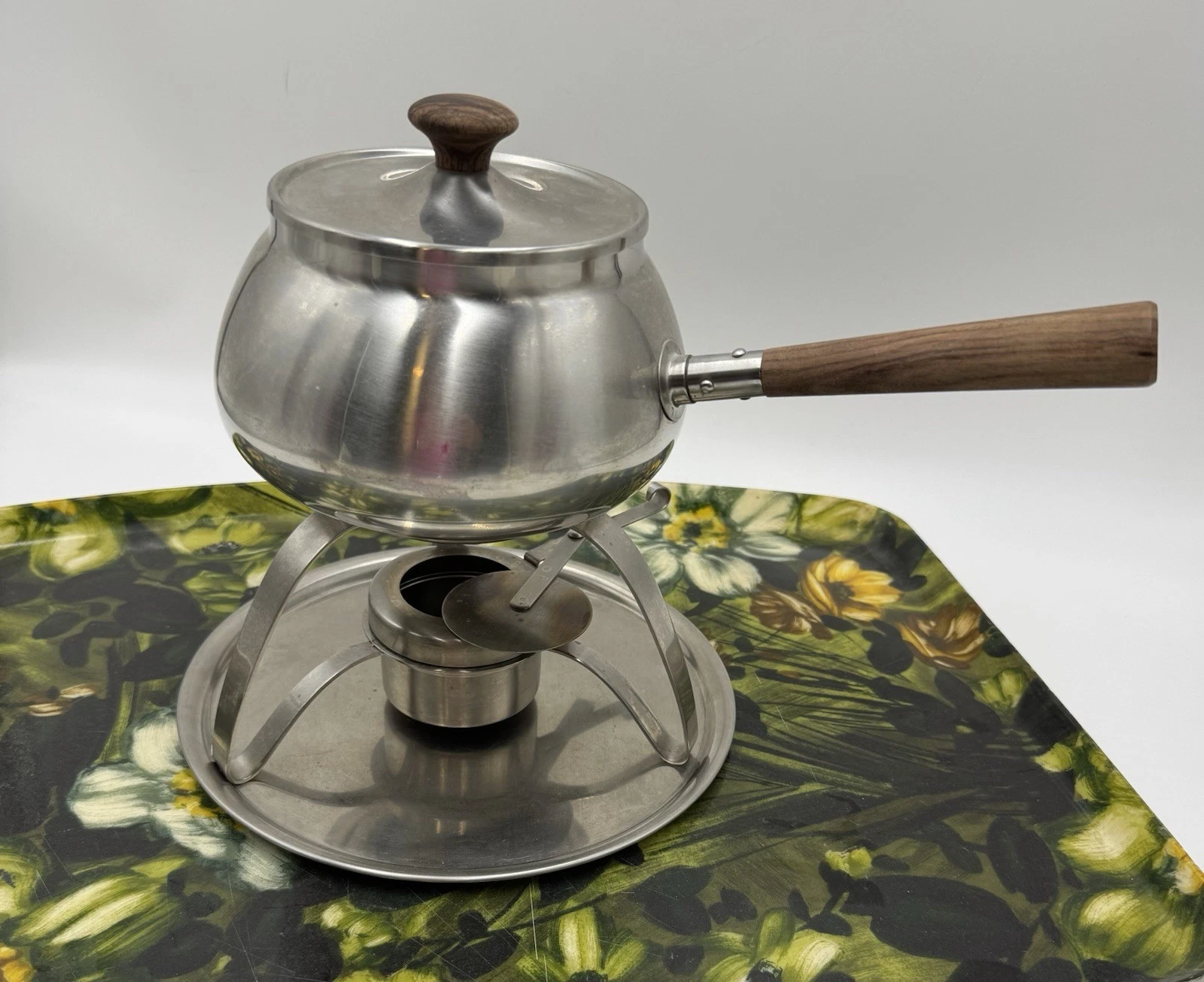Vintage MCM Stainless Steel/Wood Fondue Set With Tray by Oneida -Five Piece Set