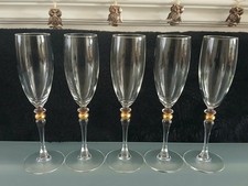 Luminarc Champagne Flutes Glasses. Set of 5 glasses with Gold Ball Stem. France
