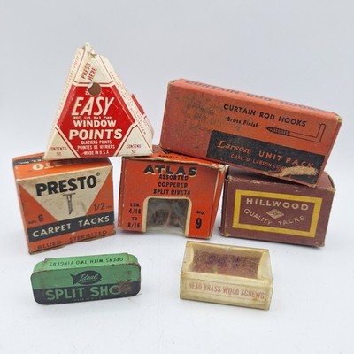 Vintage Hardware Lot Empty Boxes Easy Window Points Presto Carpet Tacks Atlas