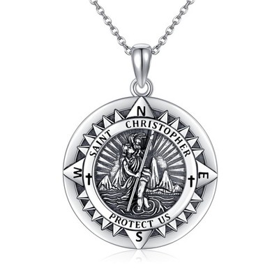 JERWLI St Christopher Necklace 925 Sterling Silver St Christopher Pendant Jew...