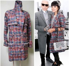 Chanel Pink Blue Orange Tweed Trims Double Breasted Jacket Trench Coat 38 14P