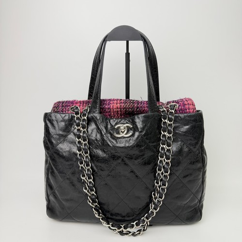 CHANEL Cocomark Matelasse Tweed Flap Chain Shoulder Bag Leather Black