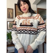 70s Vintage knit sweater viking ship design cream brown Sigallo pull over