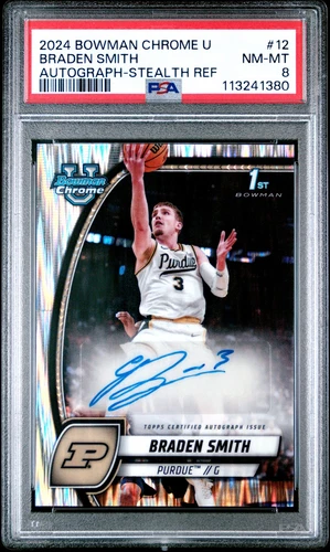 2024 BOWMAN CHROME UNIVERSITY AUTO-STEALTH REFRACTOR #12 BRADEN SMITH PSA 8