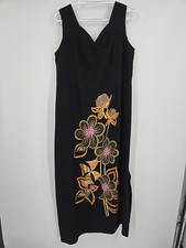 Vintage 1970s Maxi Gown, Kaftan Dress Embroidered Gold Flowers XL
