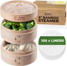 2-Tier 6" Bamboo Steamer With 100 Parchment Liners- 2 Bamboo Steamer Basket + Li
